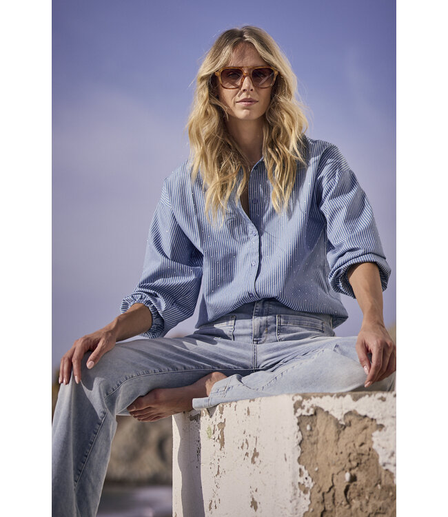 C02-19-301/005020-MidBlue  Striped Blouse Rhinestones