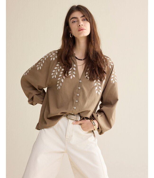 2s3449-12439/000703-Khaki  Blouse Cotton branches