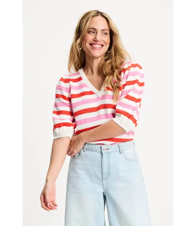 SP9493/MultiColour  PULLOVER - Striped Pink Orange