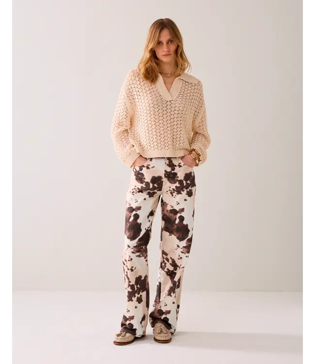 4s2956-12435/000120-Multicolour  Baggy straight pant Cow printed twill