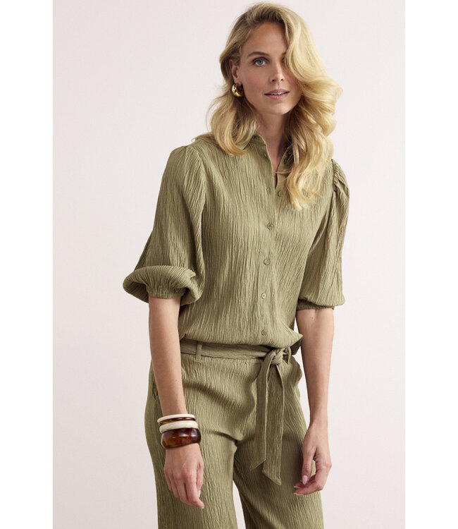 C30-19-301/006155-Aloe  Creased Puff-Sleeve Blouse