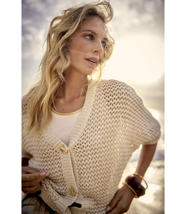 C02-20-701/006800-Stone  Crochet V-Neck Cardigan