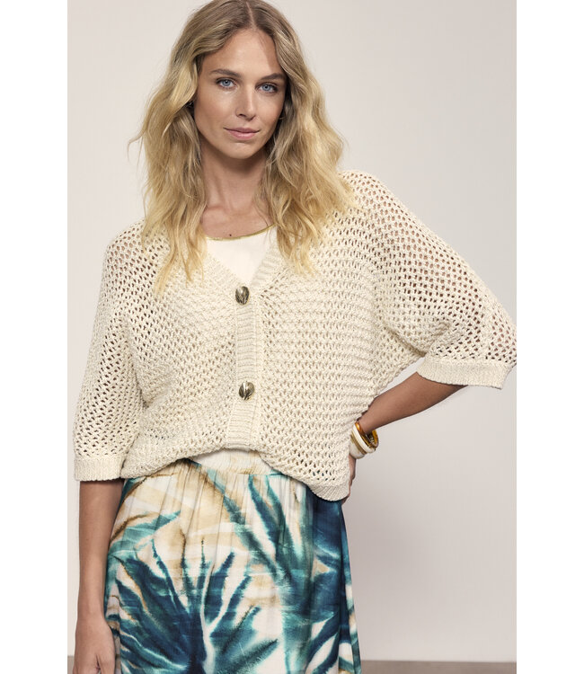 C02-20-701/006800-Stone  Crochet V-Neck Cardigan