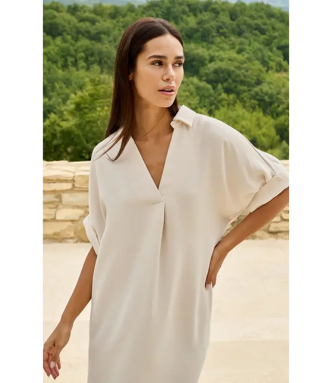 01-601218-604/99058  V-neck dress with pleated sleeves