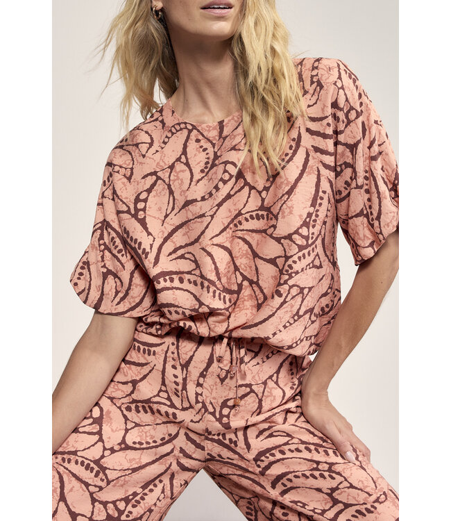 C17-20-401/100004-PrintPeach  Balloon-Sleeve Top Leaf Luxe