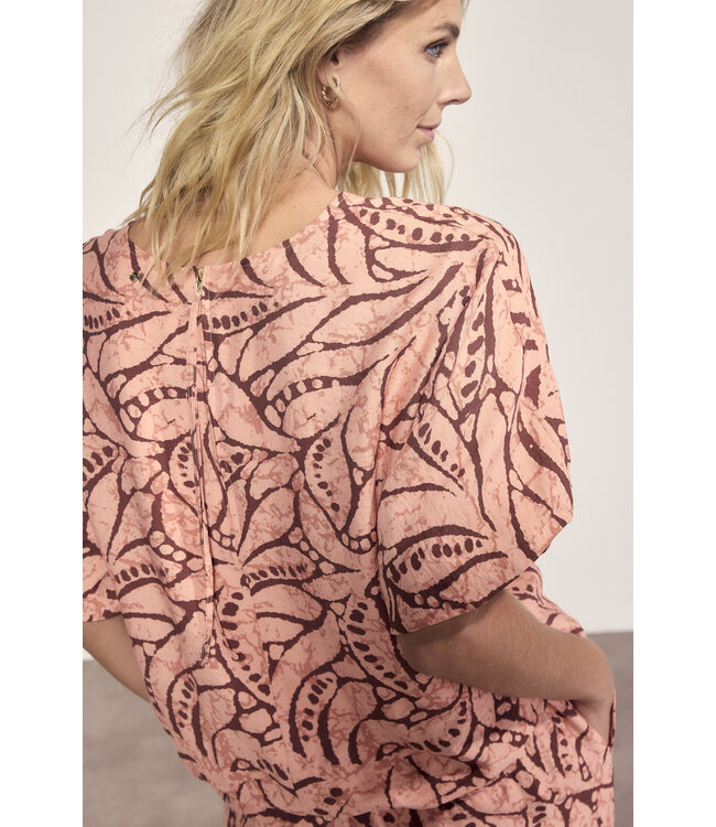 C17-20-401/100004-PrintPeach  Balloon-Sleeve Top Leaf Luxe