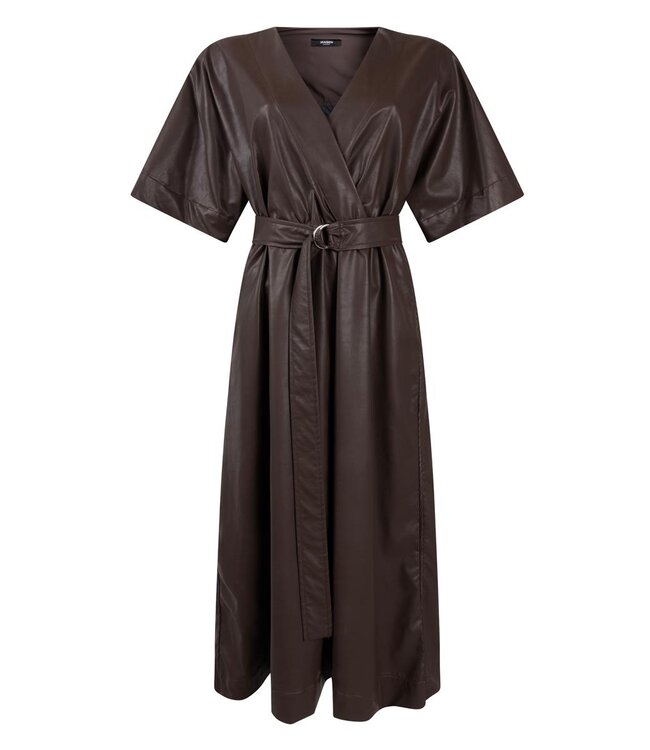 LINN-W26/000543-DarkBrown  LINN JURK lpu 510 midi short sleeve elastic waist