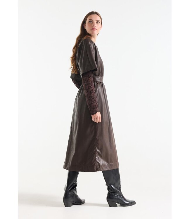 LINN-W26/000543-DarkBrown  LINN JURK lpu 510 midi short sleeve elastic waist