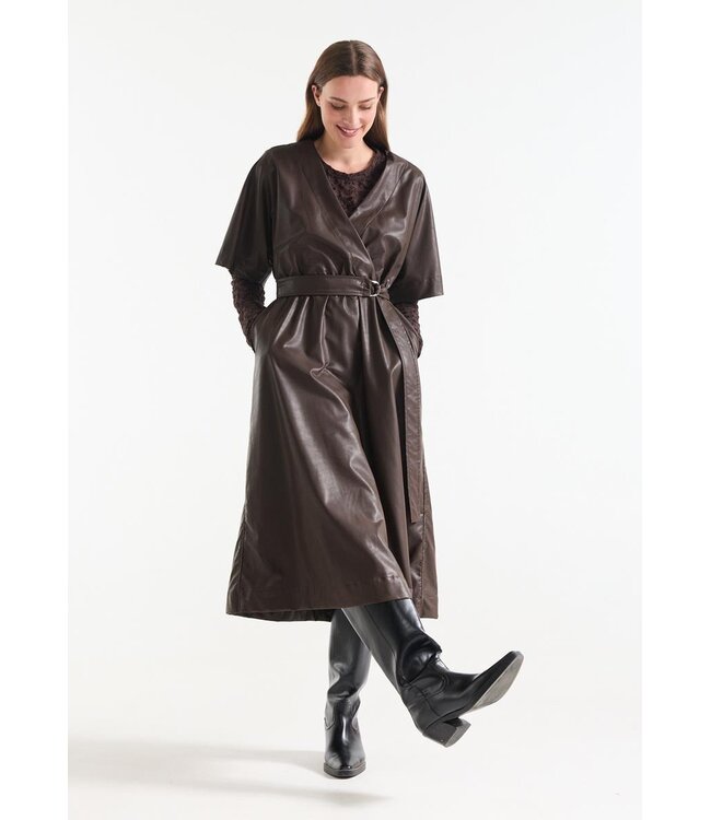 LINN-W26/000543-DarkBrown  LINN JURK lpu 510 midi short sleeve elastic waist