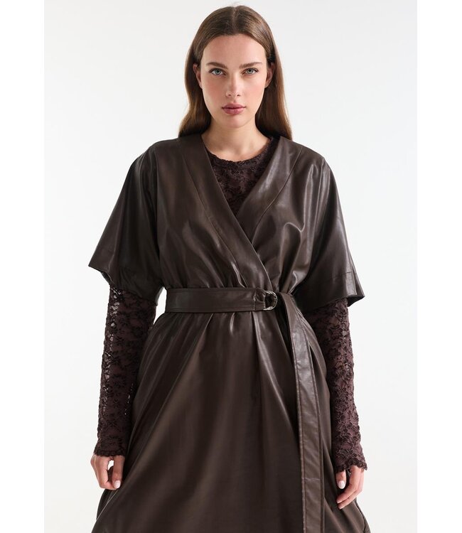 LINN-W26/000543-DarkBrown  LINN JURK lpu 510 midi short sleeve elastic waist