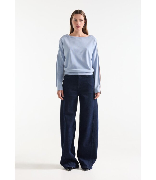EMMY-W26/000544-darkbrown-lightblue  EMMY TRUI fn 194 round neckline 3/4 sleeve wide fit