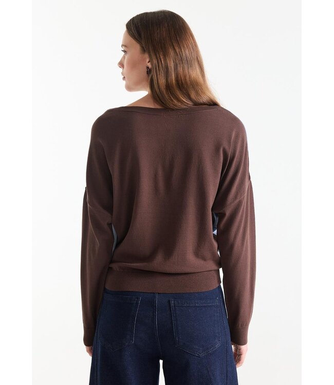EMMY-W26/000544-darkbrown-lightblue  EMMY TRUI fn 194 round neckline 3/4 sleeve wide fit