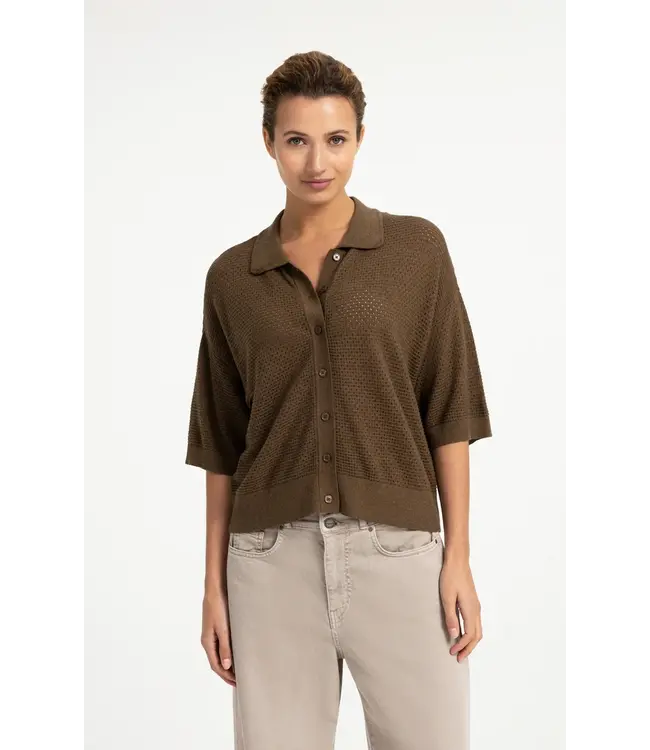 01-010169-608/906172  Open knit cardigan with collar and short sleeves