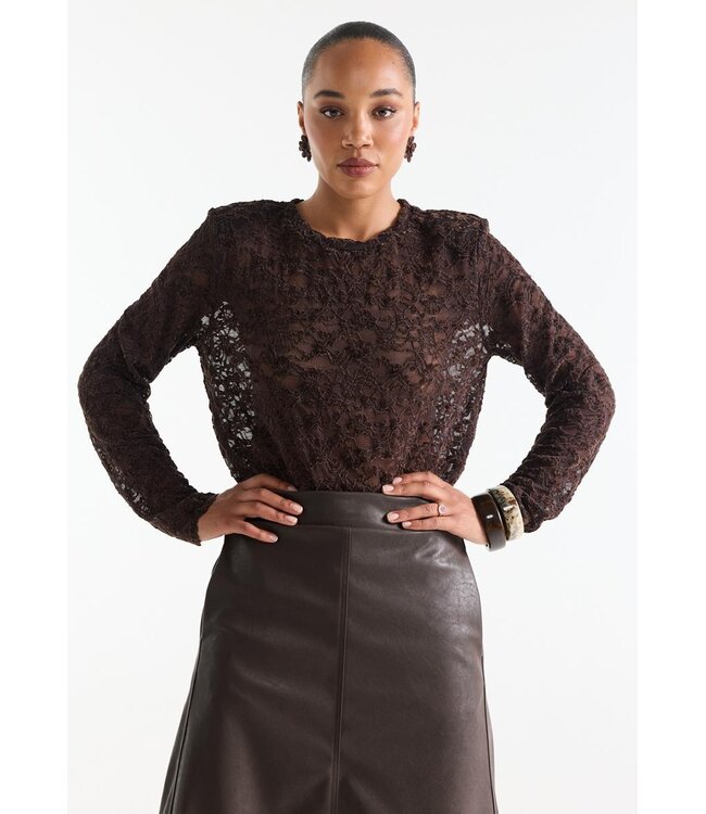 KIKI-W26/000543-DarkBrown  KIKI TOP fl 155 lace shoulderpad long sleeve
