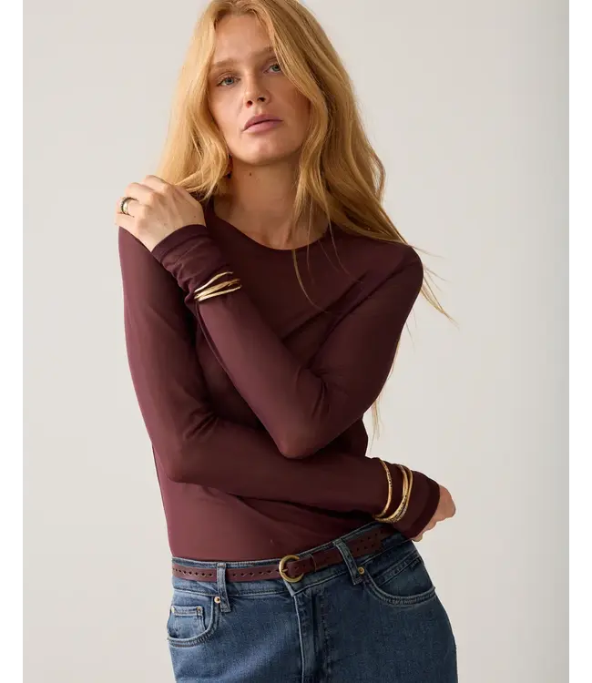 3s5394-30180/000335-Darkburgundy  Round Neck Top Long Sleeve Mesh Solid