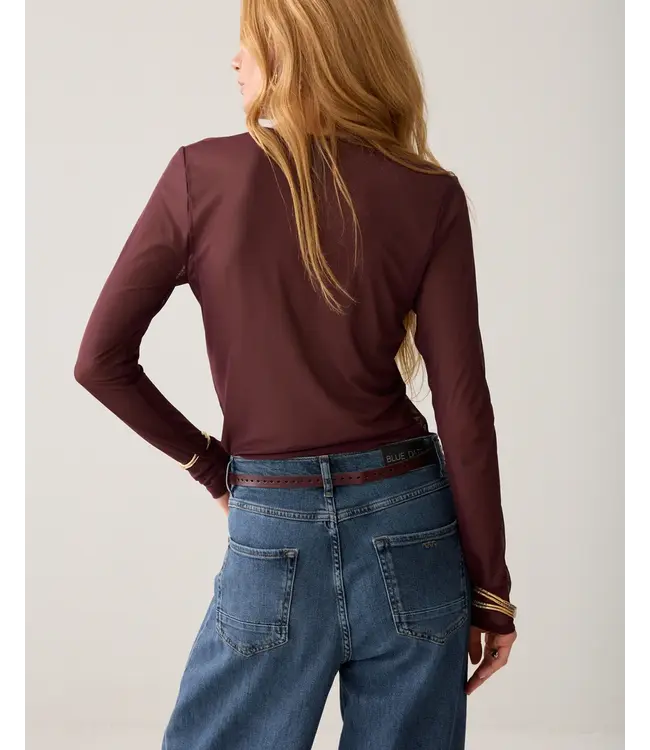 3s5394-30180/000335-Darkburgundy  Round Neck Top Long Sleeve Mesh Solid