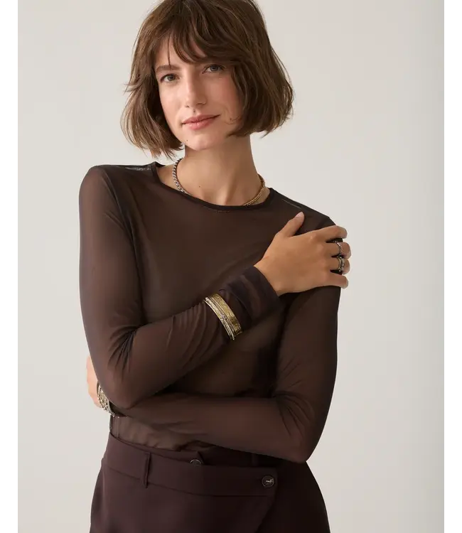 3s5394-30180/000754-Darkchocolate  Round Neck Top Long Sleeve Mesh Solid