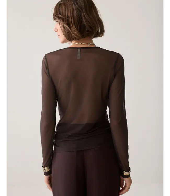 3s5394-30180/000754-Darkchocolate  Round Neck Top Long Sleeve Mesh Solid