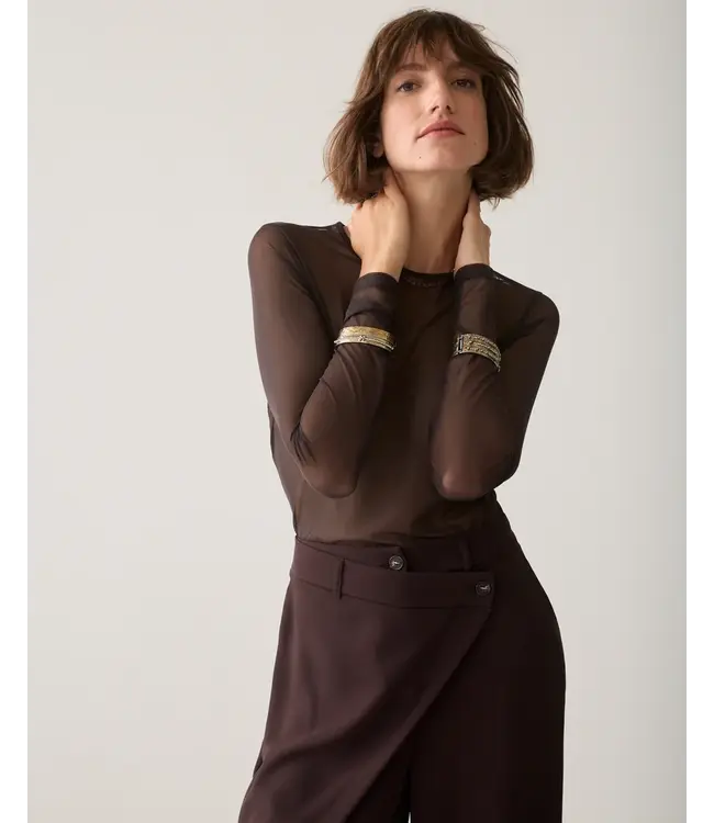 3s5394-30180/000754-Darkchocolate  Round Neck Top Long Sleeve Mesh Solid