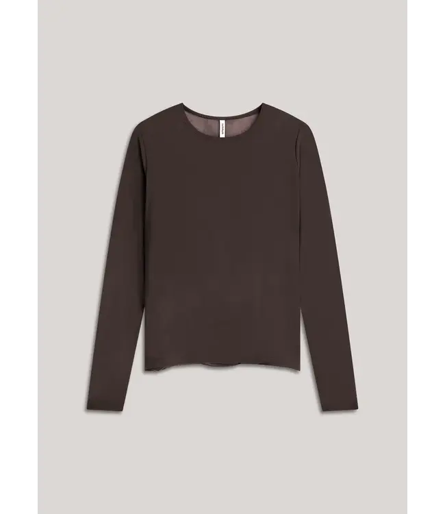 3s5394-30180/000754-Darkchocolate  Round Neck Top Long Sleeve Mesh Solid