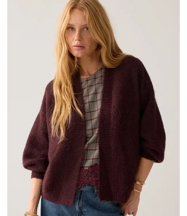 7s5844-7997/000335-Darkburgundy  Puff sleeve cardigan Cozy melange knit