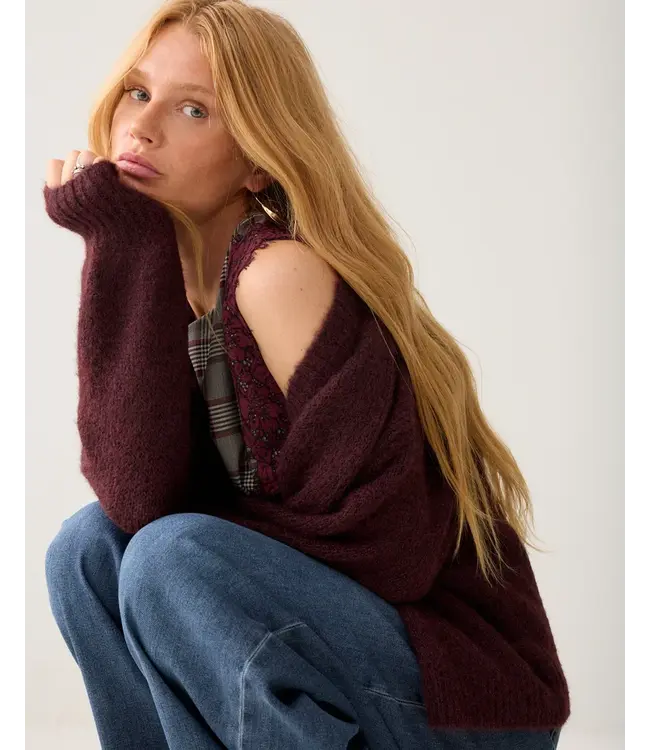 7s5844-7997/000335-Darkburgundy  Puff sleeve cardigan Cozy melange knit