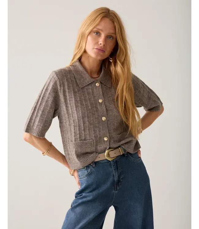 7s8019-70088/000742-Taupe  Short cardigan Soft melange knit