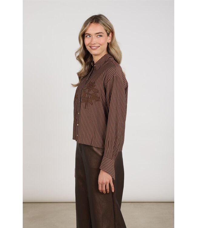 NKF02155/Chocolate  Alice Blouse Stripes Embroidery