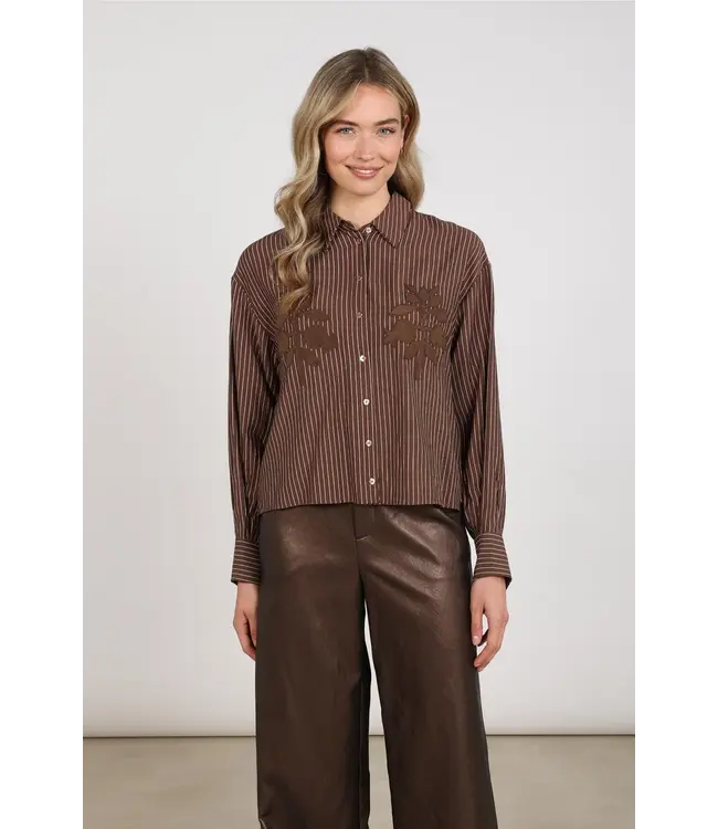 NKF02155/Chocolate  Alice Blouse Stripes Embroidery