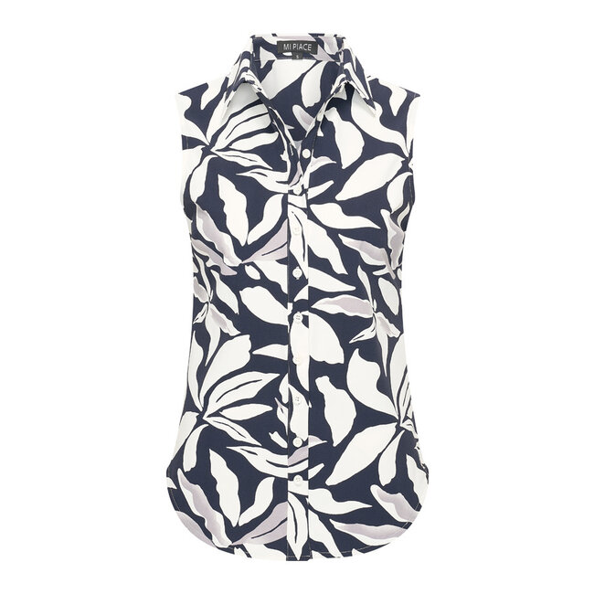 MI PIACE Travel Blouse Mouwloos Flower Print 2299 Dark Blue - Off White