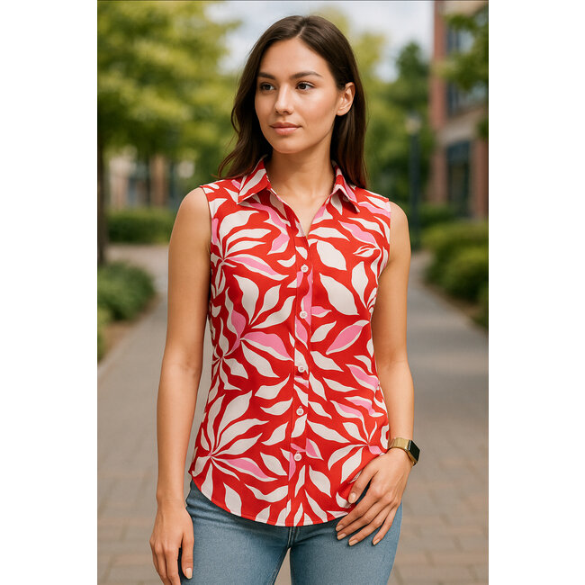 MI PIACE Travel Blouse Mouwloos Flower Print 2299 Red/Off White