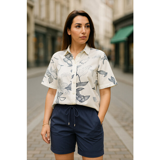 MI PIACE Travel Blouse Wijde Mouw  Print 2502 Off White - Dark Blue