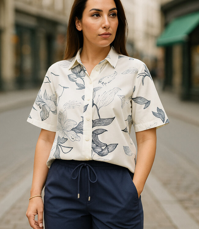 MI PIACE Travel Blouse Wijde Mouw  Print 2502 Off White - Dark Blue