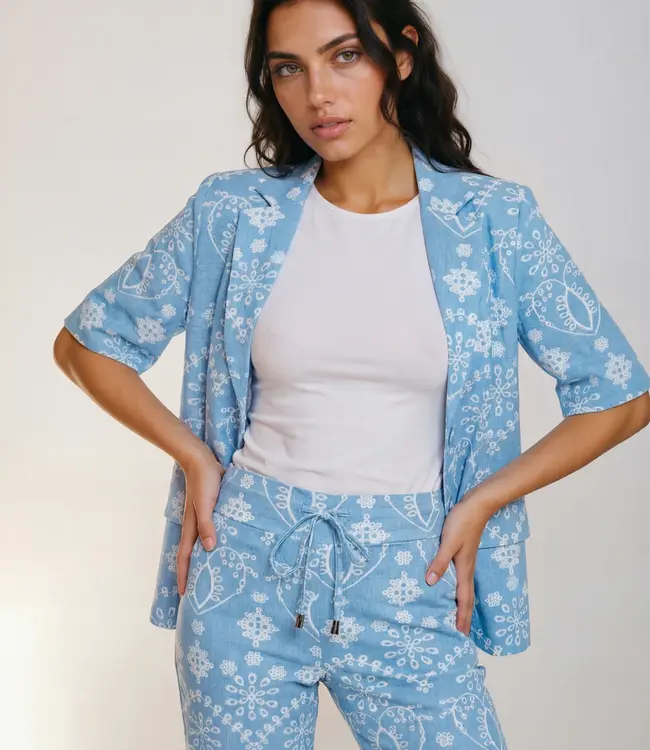 MI PIACE Travel Blazer Korte Mouwen Print Denim Embroidery 2622 Bleached