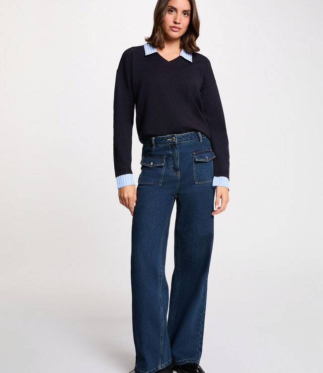 Morgan Striped sweater with turned-down 261-Marayi Navy blue