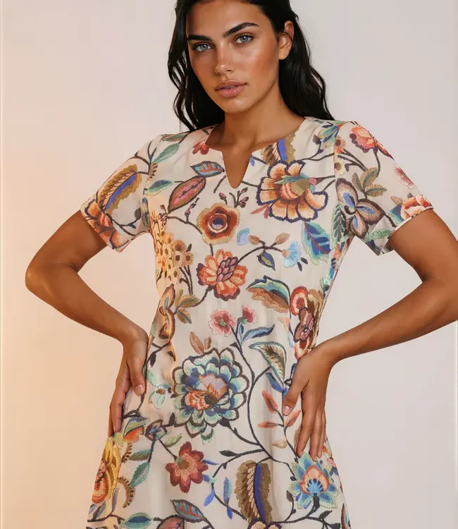 MI PIACE Travel Jurk Caftan Neck Embroided Bloom Print 202245 Multicolour