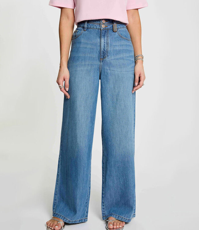 Morgan Denim Breok Hoge taille, wijde pijpen 261-Pilofi Denim Steen