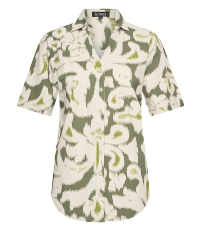 MI PIACE MI PIACE Travel Blouse V-Neck Summer Ornaments Print 202603 Olive Ikat – Women’s Travel Fabric Blouse