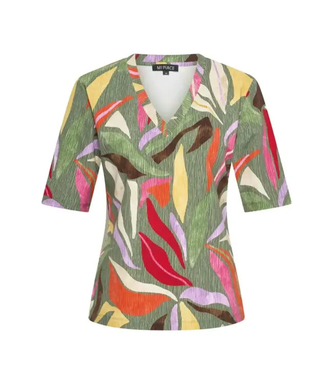 MI PIACE Travel T-shirt V-hals Summer Leaf Dance Print 202271 Olive