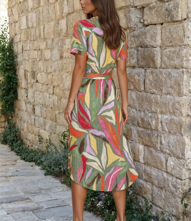 MI PIACE Travel Jurk Caftan Neck Summer Leaf Dance Print 202245 Olive