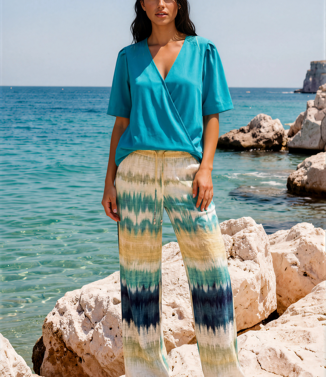 MI PIACE Travel Broek Wijde Ikat Stripe Print 202433 Pistachio