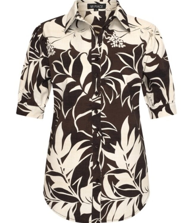 MI PIACE Travel Blouse Puff Tropical Hibiscus Print 202270 Espresso