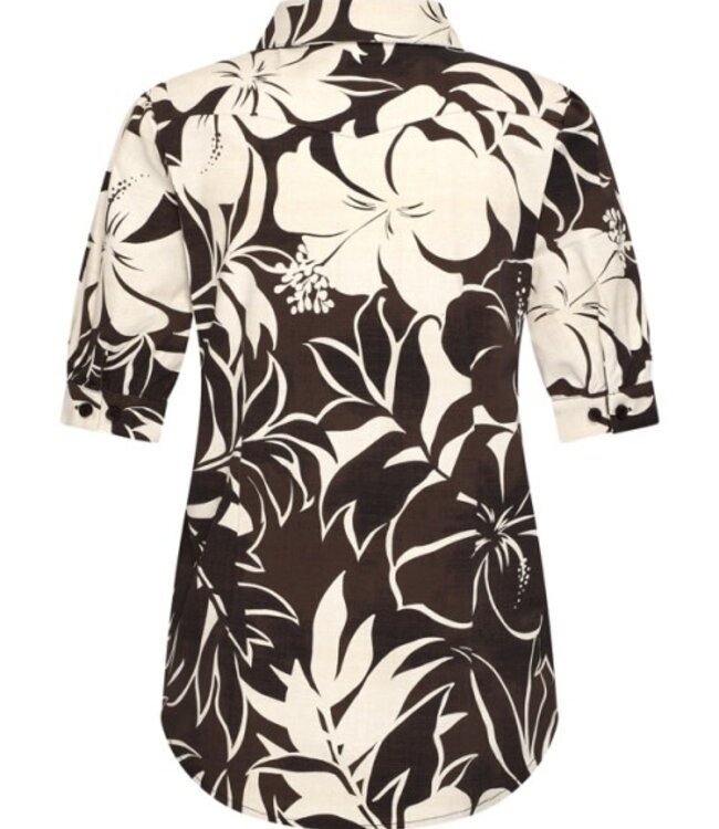 MI PIACE Travel Blouse Puff Tropical Hibiscus Print 202270 Espresso
