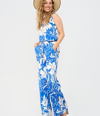 MI PIACE Travel Broek Straight Tropical Hibiscus Print 202433 Nautic Blue