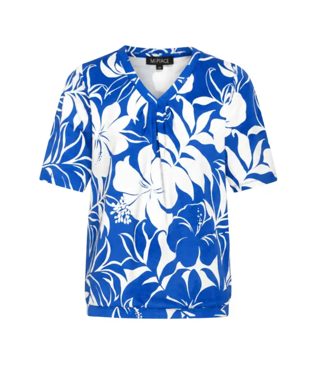 MI PIACE Travel Top Pleated Tropical Hibiscus Print 202815 Nautic Blue