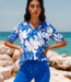 MI PIACE Travel Top Pleated Tropical Hibiscus Print 202815 Nautic Blue