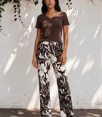 MI PIACE Travel Broek Straight Tropical Hibiscus Print 202433 Espresso