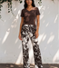 MI PIACE Travel Broek Straight Tropical Hibiscus Print 202433 Espresso