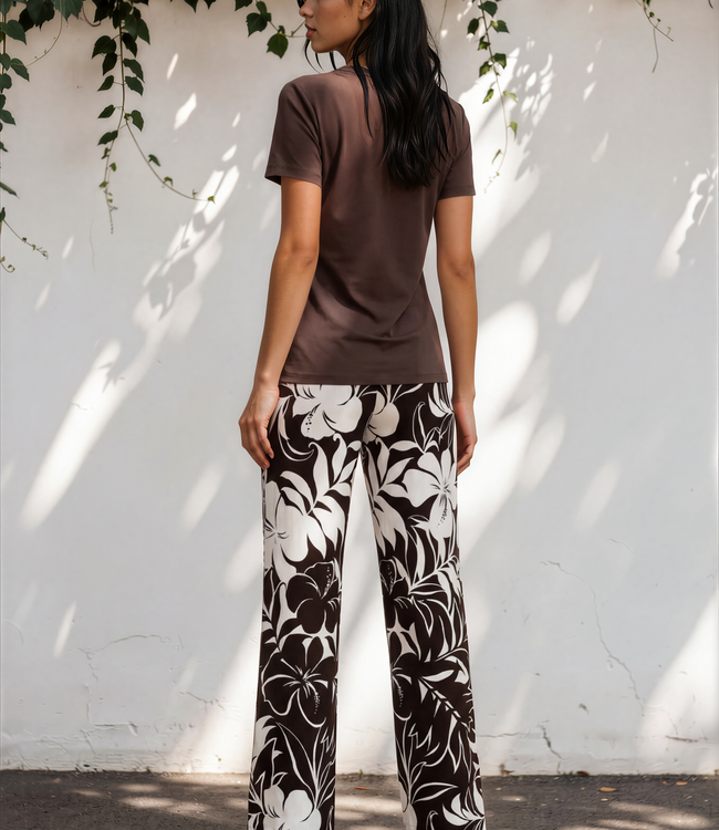 MI PIACE Travel Broek Straight Tropical Hibiscus Print 202433 Espresso