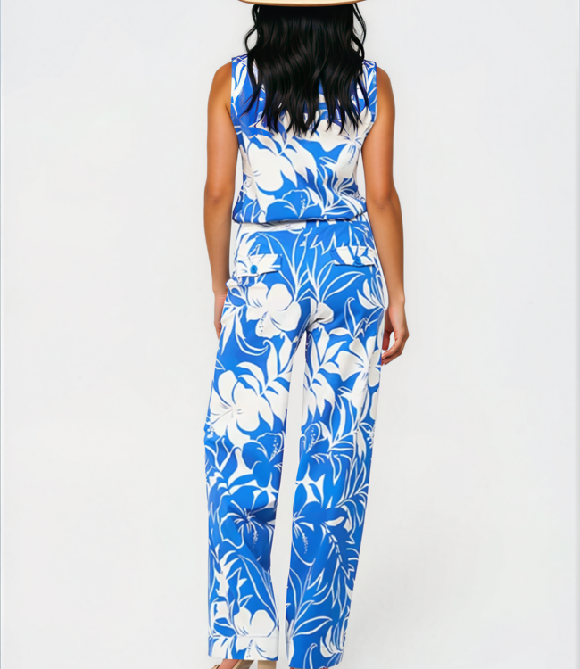MI PIACE Travel Broek Straight Tropical Hibiscus Print 202433 Nautic Blue